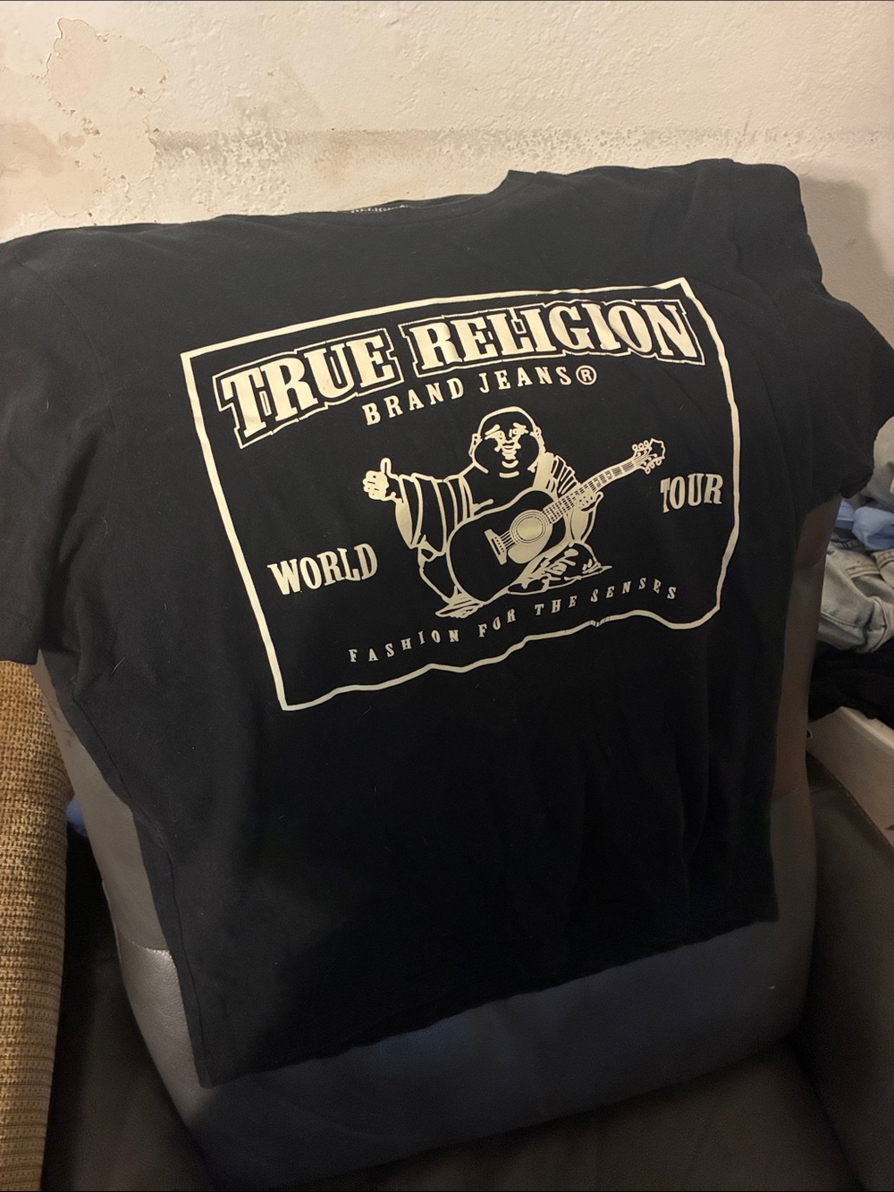 True Religion Black Graphic Logo Tee with Ivory Print